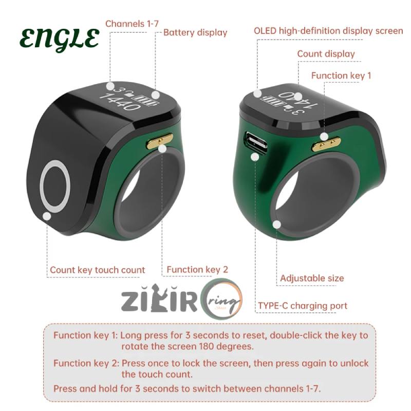 ANGLE Zikir Ring Function key 2  Press once to lock the screen, then press again to unlock the touch count.Press and hold for 3 seconds to switch between channels 1-7.