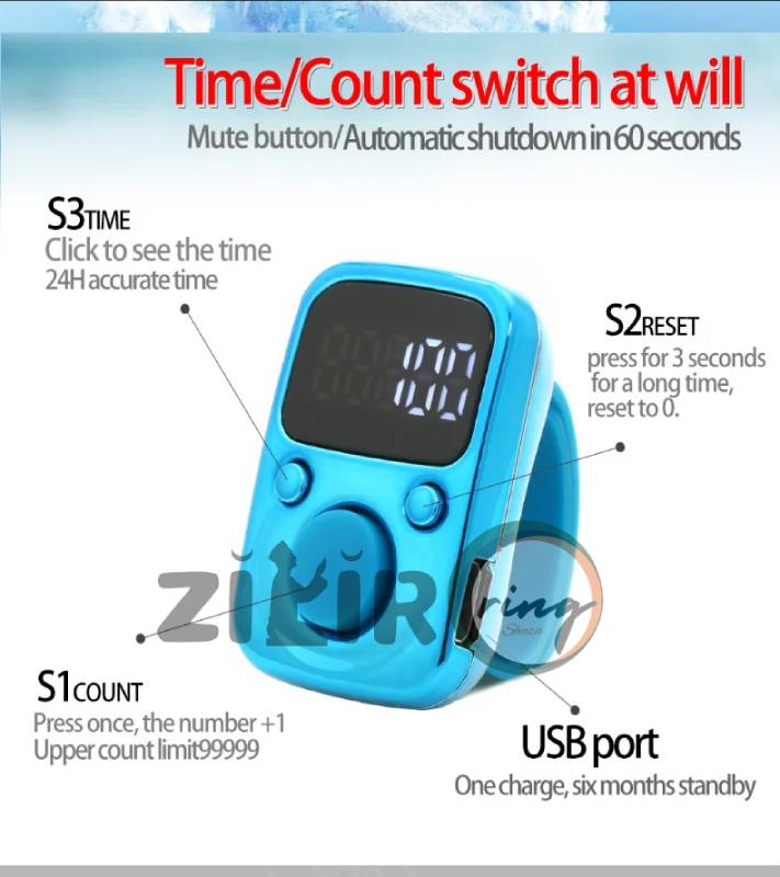 Luminous Zikr Ring Time count switch at will mute button 